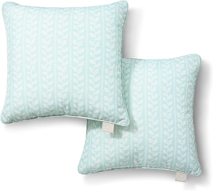 Martha Stewart Vineyard Vines Indoor Outdoor Decorative Pillow 2-Pack Set, UV Fade Resistant, Water Repellent, Printed Garden Design, Aqua Blue, 18"x18"