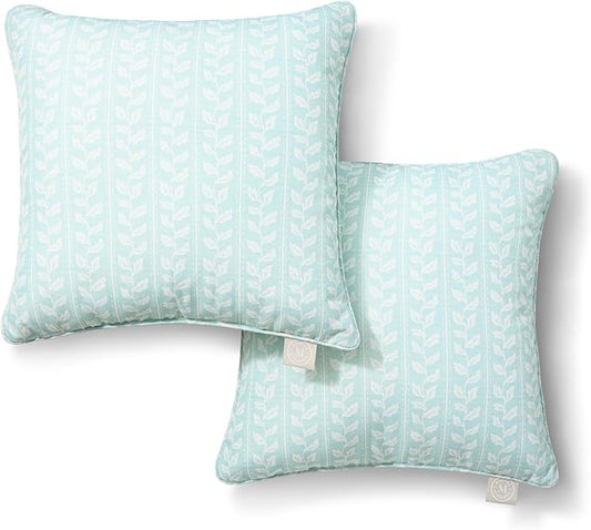 Martha Stewart Vineyard Vines Indoor Outdoor Decorative Pillow 2-Pack Set, UV Fade Resistant, Water Repellent, Printed Garden Design, Aqua Blue, 18"x18"