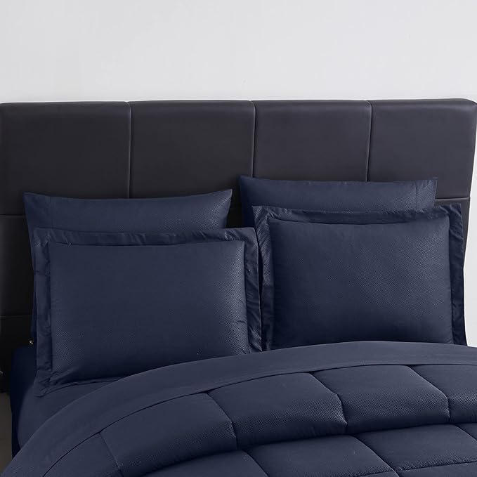 Queen Comforter Set 8 Piece Bed in a Bag with Bed Skirt, Fitted Sheet, Flat Sheet, 2 Pillowcases, 2 Pillow Shams, Queen, Greek Key Navy