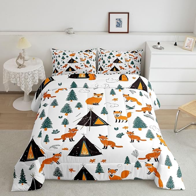 Feelyou Camping Comforter Set Toddler Size Fox Comforter Camper Accessories for Travel Trailers Bedding Set Cute Duvet Set Room Decor Wool White Quilt Set