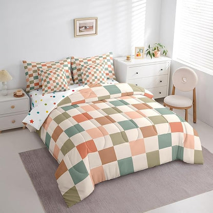 Feelyou Multicolored Checkered Retro 7 Piece Bedding Set Kids Boys Geometric Vintage Comforter Set with Sheets King Size Ivory White Colorful Bed in a Bag Modern Simple Groovy Aesthetic Room Decor