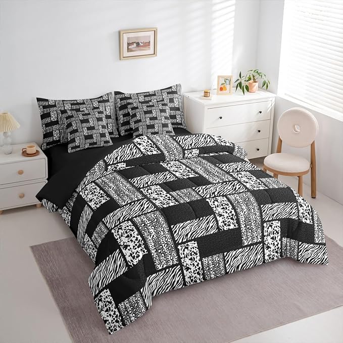 Wildlife Animals Fur Print Comforter Set Full Size,Leopard Cheetah Zebra Cow Skin Kids Bedding Set,Black Grey African Wildlife Bed Set 7 Pieces(Comforter+Fitted+Flat Sheet+Pillowcase+Pillow Cover)