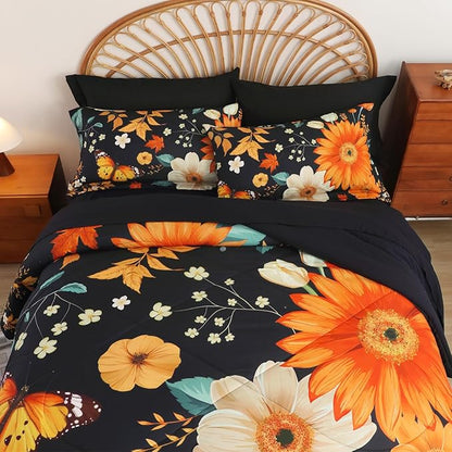 EVENHUG Queen Comforter Set 7 Pieces Lightweight Soft Queen Size Comforters for All Season Floral Bedding Sets Bed in a Bag with Flat Sheet and Fitted Sheet Pillowcases (90"x90")