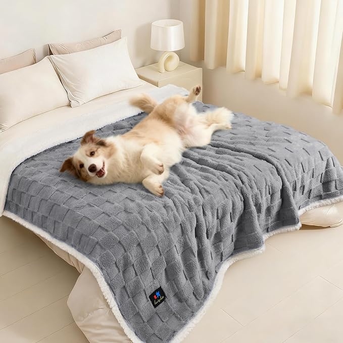 Luciphia Waterproof Dog Blanket for Large Dogs Washable Soft Sherpa Fleece Cat Blankets with 3D Jacquard Cozy Calming Reversible Bed Couch Protector Furniture Protection for Pet,Gray White, 85x57 inch