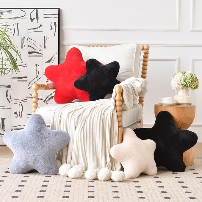 Xiashrk Star Pillow, Decorative Throw Pillows for Bed Couch, 15" Star Shaped Pillow Plush Floor Cushions Room Decor Pillow with Faux Rabbit Fur for Sofa Bedroom Living Room (Black, 19.6" x 19.6")