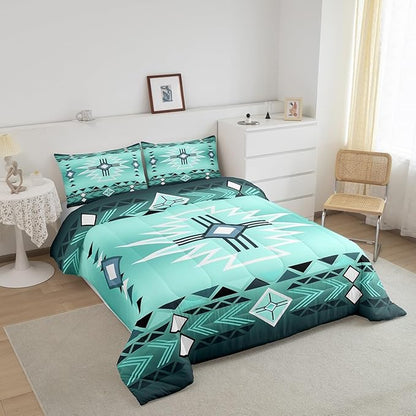 Bright Green Aztec Tribal Arrow Comforter Set Twin Size,Southwest Quilt Set Rustic Western Striped Bedding Set for Kids Girls Boys Adult Room Decor,Vintage Cowboy Duvet Insert,1 Pillowcase