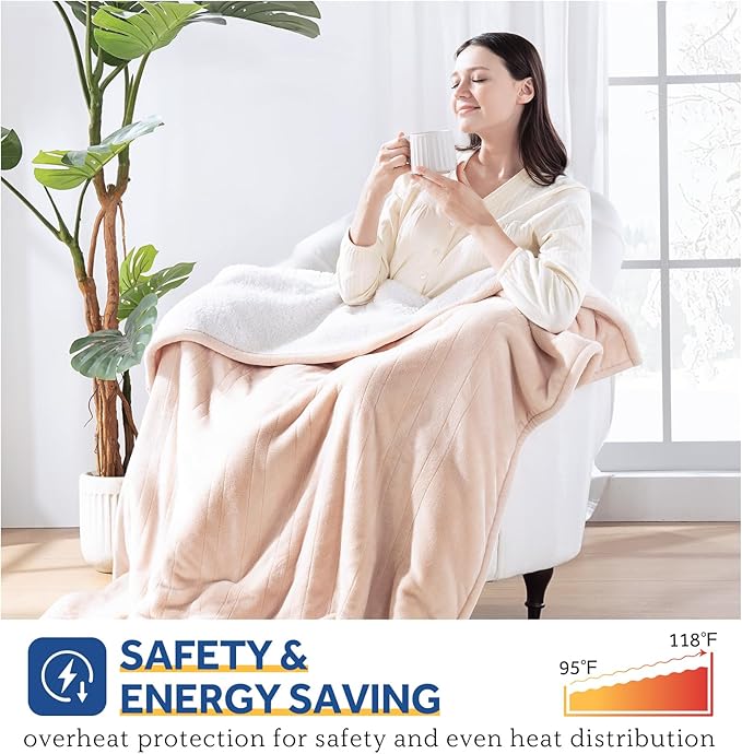 Sealy Electric Blanket with Foot Pocket for Adults, Flannel & Sherpa Heated Blanket Throw with 6 Heating Levels & 2-10 Hours Auto Shut Off, Fast Heating & Machine Washable, 50x62 Inch, Beige