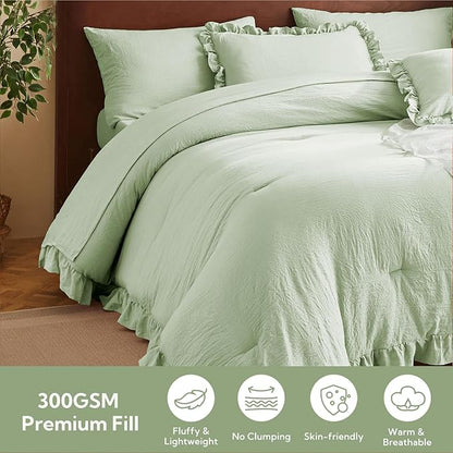 MR&HM Light Green Comforter Set Twin for Girls Women 5 Pieces, Shabby Chic Vintage Cottagecore Bed Sets Solid Elegance Boho Bed in a Bag, Ultra-Soft & Fluffy Comforter for All Season