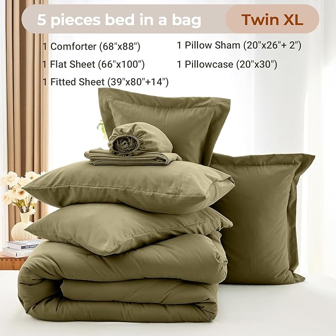 MUXHOMO 5 Pieces Twin XL Comforter Set, Soft Bed in a Bag Twin XL Size, All Season Bedding Set with Comforter, Flat Sheet, Fitted Sheet, Pillowcases & Shams, Olive Green