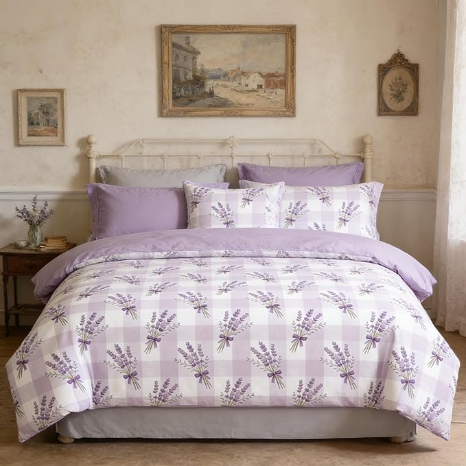 Gingham Twin Size Comforter Set for Girls 5Pcs Purple Lavender Bedding Boho Plaid Checkered Pattern Quilted Comforter with 2 Pillowcases + 1 Flat Sheet + 1 Fitted Sheet, 68"x86"