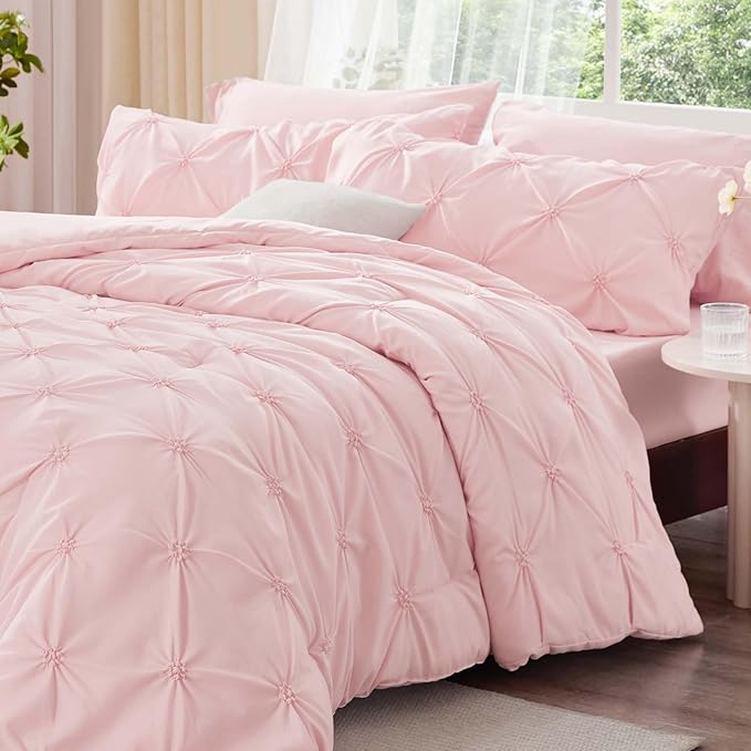 BEDELITE Baby Pink Twin Comforter Set - 2 Peices Boho Pintuck Bedding Comforter Sets, Lightweight Soft & Warm Twin Bedding Sets with 1 Pillowcase for All Season