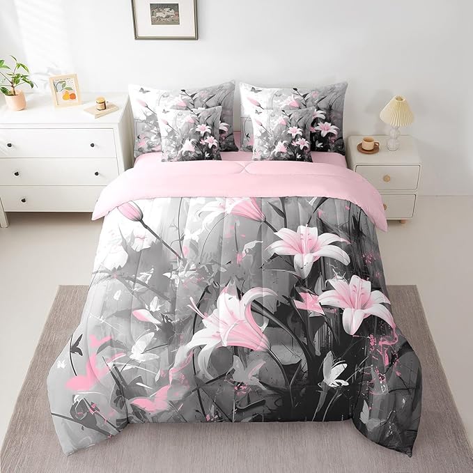 Feelyou Girls Lily Flower Comforter Set with Sheets King Size 7 Pieces Kids Pink Floral Bedding Set for Boys Women Teens Simple Modern Abstract Art Bed in a Bag Room Decor