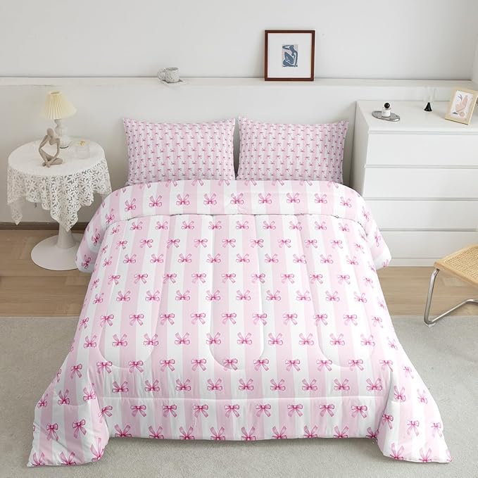 Castle Fairy Kids Bow Comforter Sets Twin Size,Pink Bowknot Stripes Bedding Set 2Pcs for Girls Teens Woman Room Decor,Sweet Princess Style Quilted Duvet Girly Bow Ribbon Down Comforter,1 Pillowcase