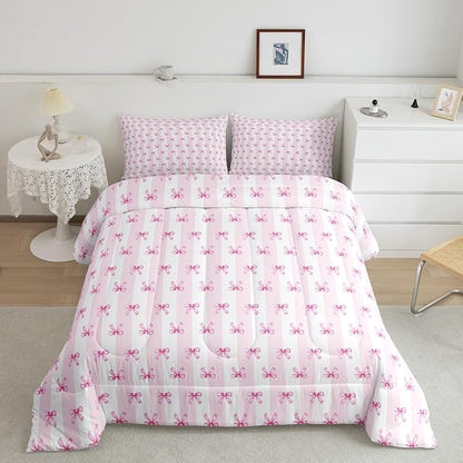 Castle Fairy Kids Bow Comforter Sets Twin Size,Pink Bowknot Stripes Bedding Set 2Pcs for Girls Teens Woman Room Decor,Sweet Princess Style Quilted Duvet Girly Bow Ribbon Down Comforter,1 Pillowcase