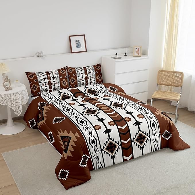 Erosebridal Western Comforter Set Brown Rustic Boho Aztec Bedding Set King Size,Country Cabin Lodge Quilt Comforter for Boys Adults Men Southwestern Ethnic Tribal Bed Duvet Set 3 Pcs