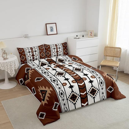 Erosebridal Western Comforter Set Brown Rustic Boho Aztec Bedding Set Toddler Size,Country Cabin Lodge Quilt Comforter for Boys Adults Men Southwestern Ethnic Tribal Bed Duvet Set 2 Pcs