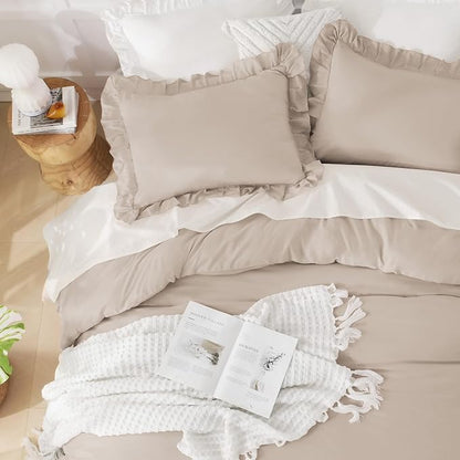 Andency Oversized King Comforter Set 128x120, 3 Pieces Khaki Ruffle Shabby Chic Famhouse Bedding Set for Women, Lightweight Fluffy Super King Plus Bed Set for Girls