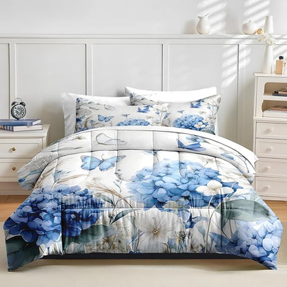 Nesker 7 Pcs Spring Comforter Set King Size, Blue Hydrangea Bedding Set for Kids and Adults, White Floral Bed Sheet Sets with Fitted Sheet 2 Pillowcases & 2 Shams