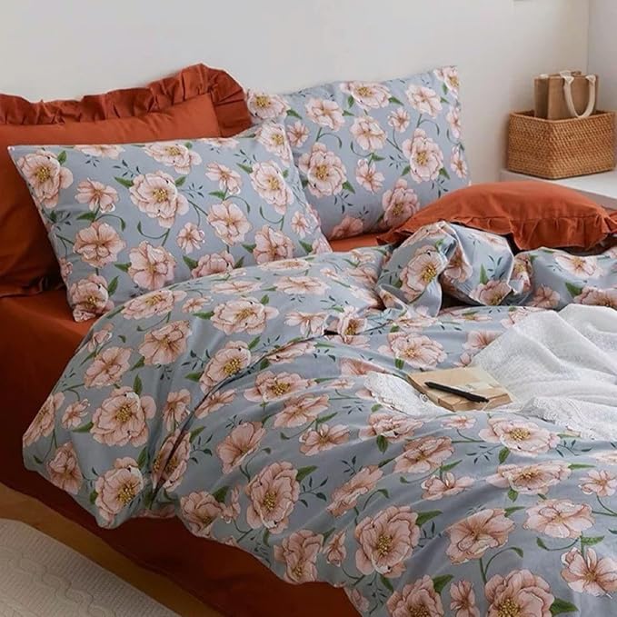 Cotton Comforter Queen Size Set – Blue Green Blush Floral Cotton Shell Bedding, Soft & Breathable, All-Season Down-Alternative Fill, Includes 1 Comforter & 2 Pillow Shams