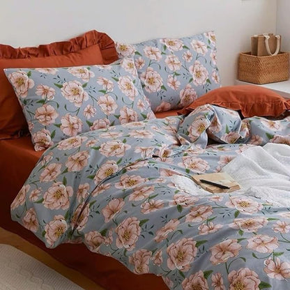 Cotton Comforter King Size Set – Blue Green Blush Floral Bedding, Soft & Breathable Comforter, All-Season Down-Alternative Filling, 1 Comforter & 2 Pillow Shams