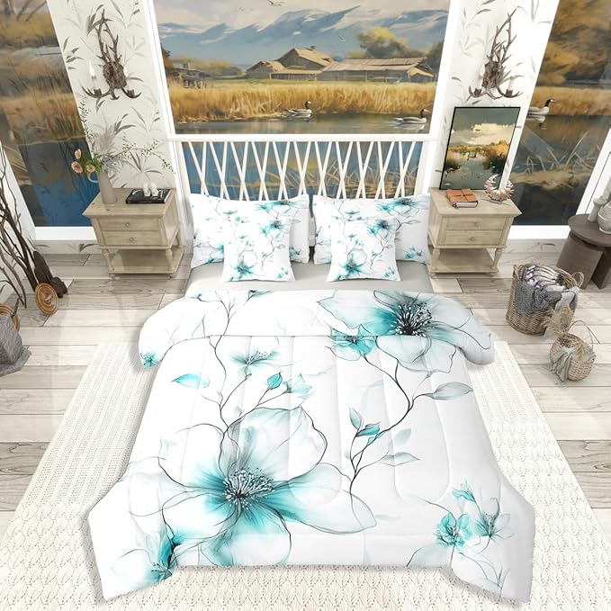 Erosebridal Boho Flower Full 7 Pcs Bedding Set, Teal Floral Comforter Set with Sheets, Ink Painting Style Blossom & Leaf Bed in A Bag, Chic Watercolor Floral Elegant Bed Sets for Women Girls Adults