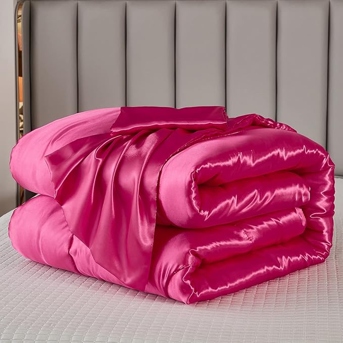 Satin King Comforter Sets Silk Like Hot Pink Comforter Alternative Down Comforter Soft Polyester Filling Luxury Silky Bedding Comforter Set 1 Comforter 2 Pillowcases (King, Hot Pink)