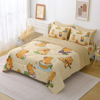 7 Piece Capybara Comforter Set Twin Size Cute Cartoon Capybara Bedding Set Super Soft All Season Bedroom Decor for Kids Girls Boys Teens Birthday Choice