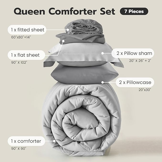 Joiedomi Queen Comforter Set with Sheets Light Grey, 7 Pieces Queen Bed Set with 1 Down Alternative Comforter, 1 Flat Sheet, 1 Fitted Sheet, 2 Pillowcases and 2 Pillow Shams, Bed in a Bag All Seasons