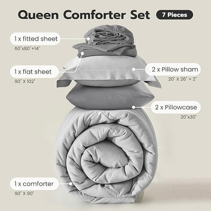 Joiedomi Queen Comforter Set with Sheets Light Grey, 7 Pieces Queen Bed Set with 1 Down Alternative Comforter, 1 Flat Sheet, 1 Fitted Sheet, 2 Pillowcases and 2 Pillow Shams, Bed in a Bag All Seasons