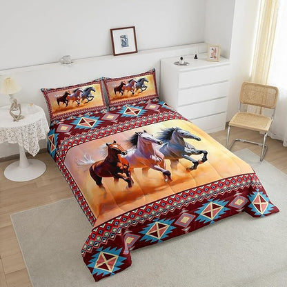 Horse Bedding for Girls,Western Boho Queen Comforter Set Indian Tribal Geometric Bedding Set Cowboys Gifts,Ethnic Tribe Arrow Aztec Quilt,Nordic Style Farmhouse Wildlife Room Decor,Messy Rust