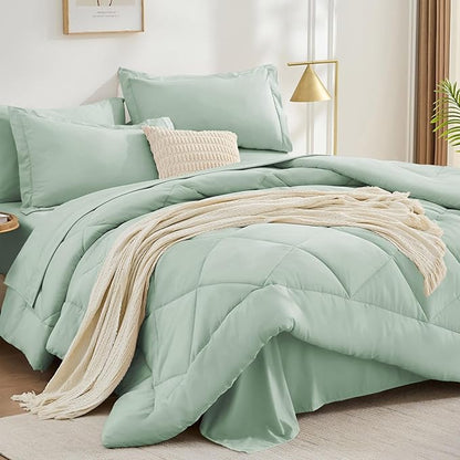 FUANNA 7 Pieces Queen Comforter Set, All Season Bed in a Bag Queen Size, Luxury Soft Bedding Sets with Comforter, Flat Sheet, Fitted Sheet, Pillowcases & Pillow Shams, Sage Green