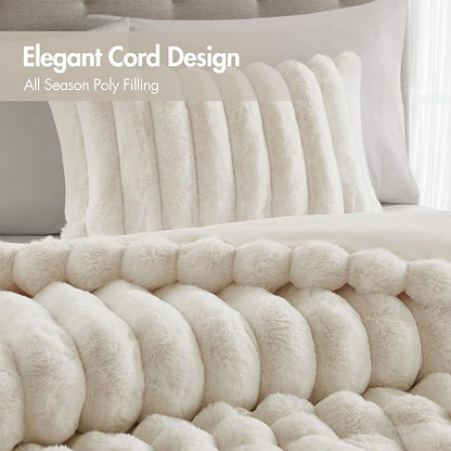 Madison Park Jasmine Queen Comforter Set, Luxurious Reversible Faux Fur Plush Ribbed Velvet Bedding, Fuzzy Thick Warm Winter Comforter, Super Soft Fluffy 3-Piece Set Ivory