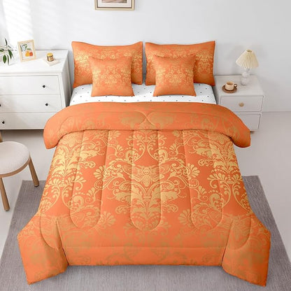 Erosebridal Gothic Damask Comforter Set 7 Piece Bed in a Bag Twin,Exotic Moth Bedding Sets Orange and Yellow Victorian Floral Goth Sheet Set with Comforter