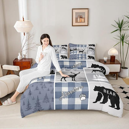 Erosebridal Kids Deer Bear Comforter Set, Rustic Farmhouse Quilt Vintage Adventure Camping Bedding King Size for Boys Teens Adult,Retro Cabin Lodge Plaid Duvet Insert Deer Gifts for Girls,Blue Grey