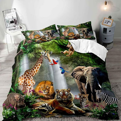 LUVIVIHOME 2PCS Safari Animal Duvet Cover Twin Bedding Sets, Leopard Lion Tiger Elephant Giraffe Zebra Hippo Monkey Nature Forest Waterfall African Zoo Jungle Animal Comforter Cover, 1 Pillow Case