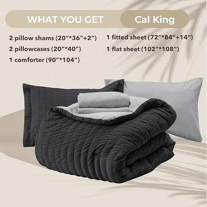HYMOKEGE Black/Light Grey California King Comforter Set Seersucker 7 Pieces, All Season Luxury Bed in a Bag for Bedroom, Bedding Set with Comforter, Sheets, Pillowcases & Shams