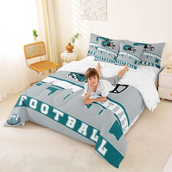Erosebridal Football 7 Pcs Comforter Set Queen Football City Bedding for Men Grey Football Fans Sheet Set Bed in A Bag Rugby Game Room Decor Sports Ball Competition Quilt