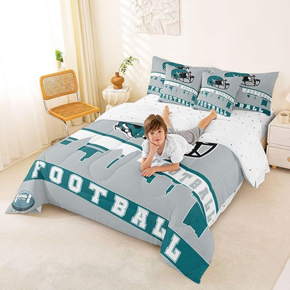 Erosebridal Football 7 Pcs Comforter Set Queen Football City Bedding for Men Grey Football Fans Sheet Set Bed in A Bag Rugby Game Room Decor Sports Ball Competition Quilt
