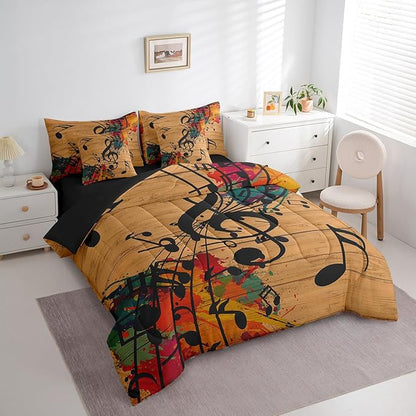 Erosebridal Music Notes 7 Piece Bedding Set Queen Size,Graffiti Music Art Bed in a Bag,Vintage Retro Bed Set Includes Comforter, Sheet Set, Pillowcases & Pillow Covers All Season Bedroom Decor