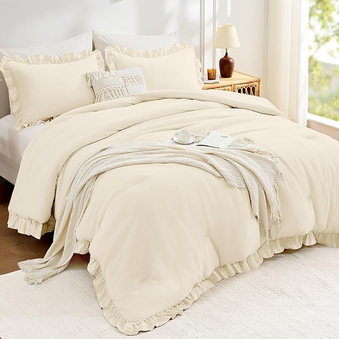 FUANNA Full Size Comforter Sets Cream White, 3 Pieces Ruffle Full Size Bedding Sets, Fluffy Bed in a Bag Full for All Seasons, Shabby Chic Full Bed Set with 1 Lightweight Comforter & 2 Pillowshams