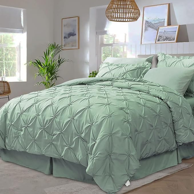 JOLLYVOGUE King Size Comforter Set 7 Pieces, Green Bed in a Bag Comforter Set for Bedroom, Beddding Sets with Comforter, Sheets,Ruffled Shams & Pillowcases