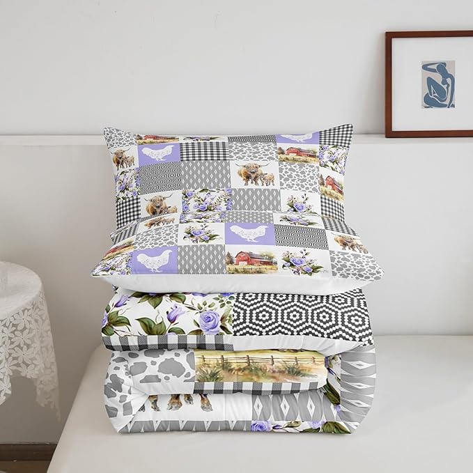 Highland Cattle Comforter Set Twin Size,Milk Cow Print Chicken Farmhouse Animal Bedding Set for Kids Boys Men,Purple Bohemian Grid Geometric Quilted Duvet Set with 1 Pillowcase
