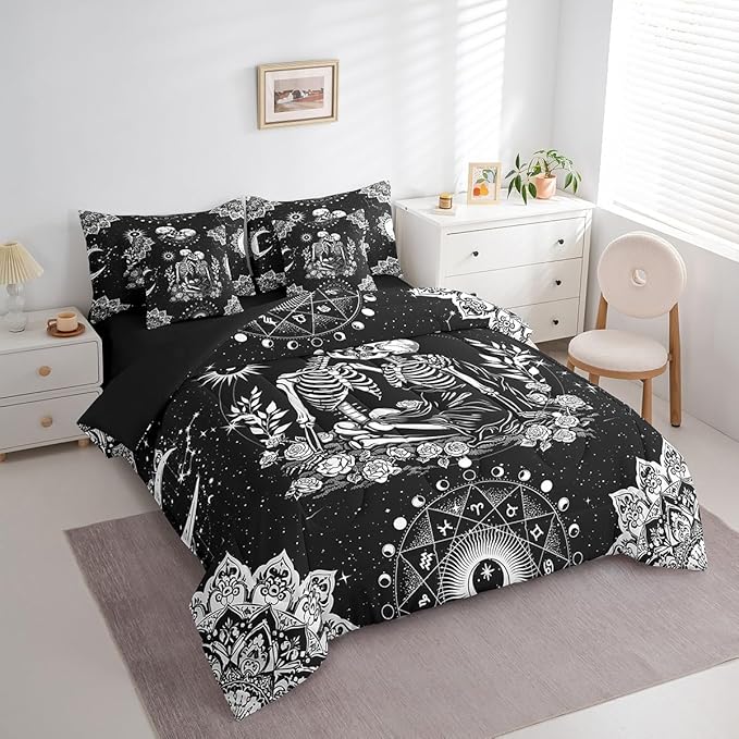 Feelyou Gothic Skull Bed in a Bag with Comforter, Twin Size 7Pcs Halloween Themed Bedding Set with Comforter, Women Men Ultra Soft Sugar Skull Comforter Boho Floral Room Decor