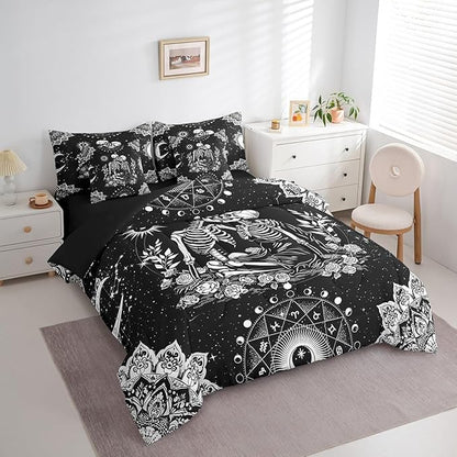 Feelyou Gothic Skull Bed in a Bag with Comforter, Full Size 7Pcs Halloween Themed Bedding Set with Comforter, Women Men Ultra Soft Sugar Skull Comforter Boho Floral Room Decor