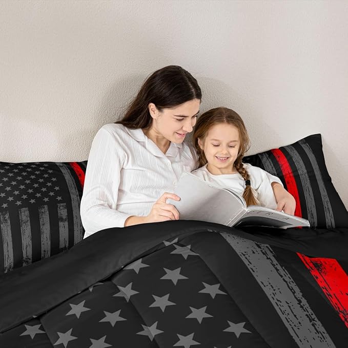 Erosebridal American Flag Comforter Set King Black Grey Red Line Flag Bedding Set for Men Boys Kids Girls Novelty Star Stripe Down Comforter Retro Vintage Flags Bedding Sets & Collections