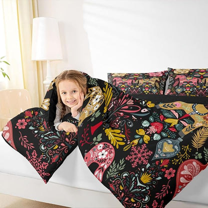 Swedish Dala Horses Comforter Set Full Size,Farmhouse Floral Bedding Sets 3Pcs for Kids Girls Boys Women Room Decor,Flower Squirrel Bird Duvet Insert Rustic Bohemian Down Comforter,2 Pillowcases