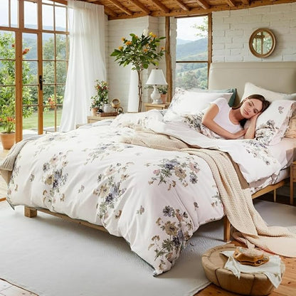 Floral Comforter King Size 100% Cotton Comforter with Blush Blue Floral 3 Pieces Vintage Botanical Bedding Sets Soft and Lightweight Comforter Set for All Seasons