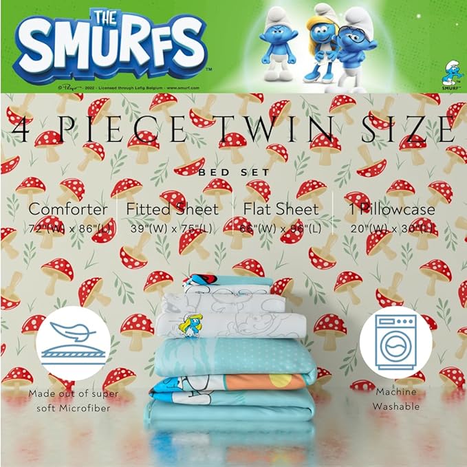 Franco The Smurfs Bedding Super Soft Cozy Reversible Comforter and Sheet Set, 4 Piece Twin Size, (Officially Licensed Product)