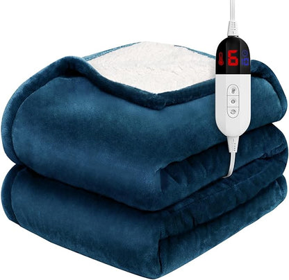 HOW'S MY HOUSE Heated Blanket 72" x 84", Electric Blanket Full Size with 12 Time Settings & 6 Heating Levels, Over-Heat Protection, Flannel Sherpa Super Cozy with ETL Certification, Blue