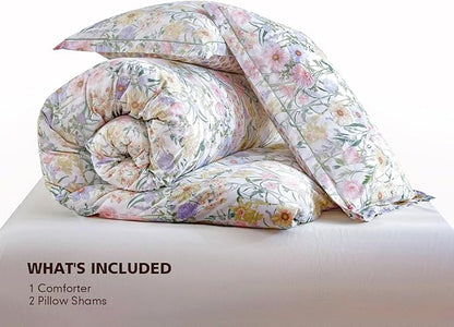 SLEEPBELLA Queen Size Comforter Set Yellow & Pink & Blue Flowers Botanical Pattern Printed on White 100% Cotton Fabric, Ultra Soft Microfiber Inner Fill 3Pcs Bedding Set